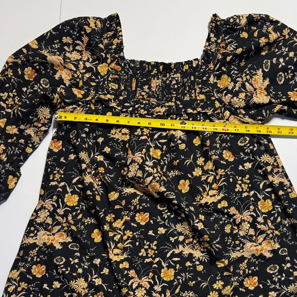 DÔEN Acton Baby Doll Mini Dress Navy Oaks Bluffs Floral Smocked Square Neck L - Picture 8 of 12